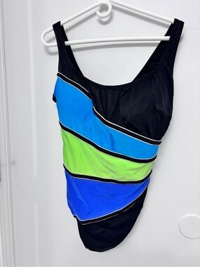 Longitude Black One-Piece Swimsuit with Blue and Green Panels 22W C/D Cup